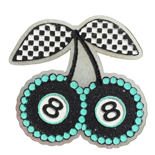 Car Freshie with black cherries, number 8, and checkered pattern on a white background