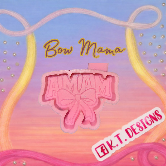 Pink bow-shaped product with Mama text on a colorful background, featuring K.T. Designs logo.