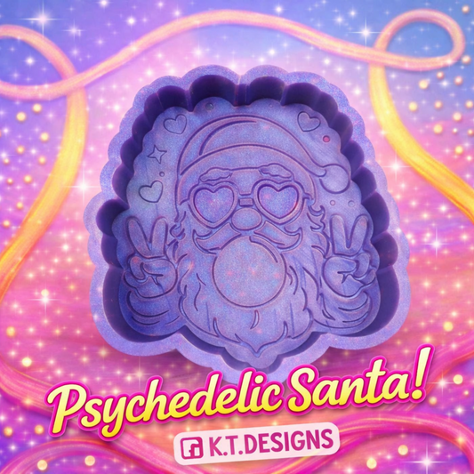 Silicone mold with a psychedelic Santa design on a colorful background with 'Psychedelic Santa' text and K.T. DESIGNS logo.