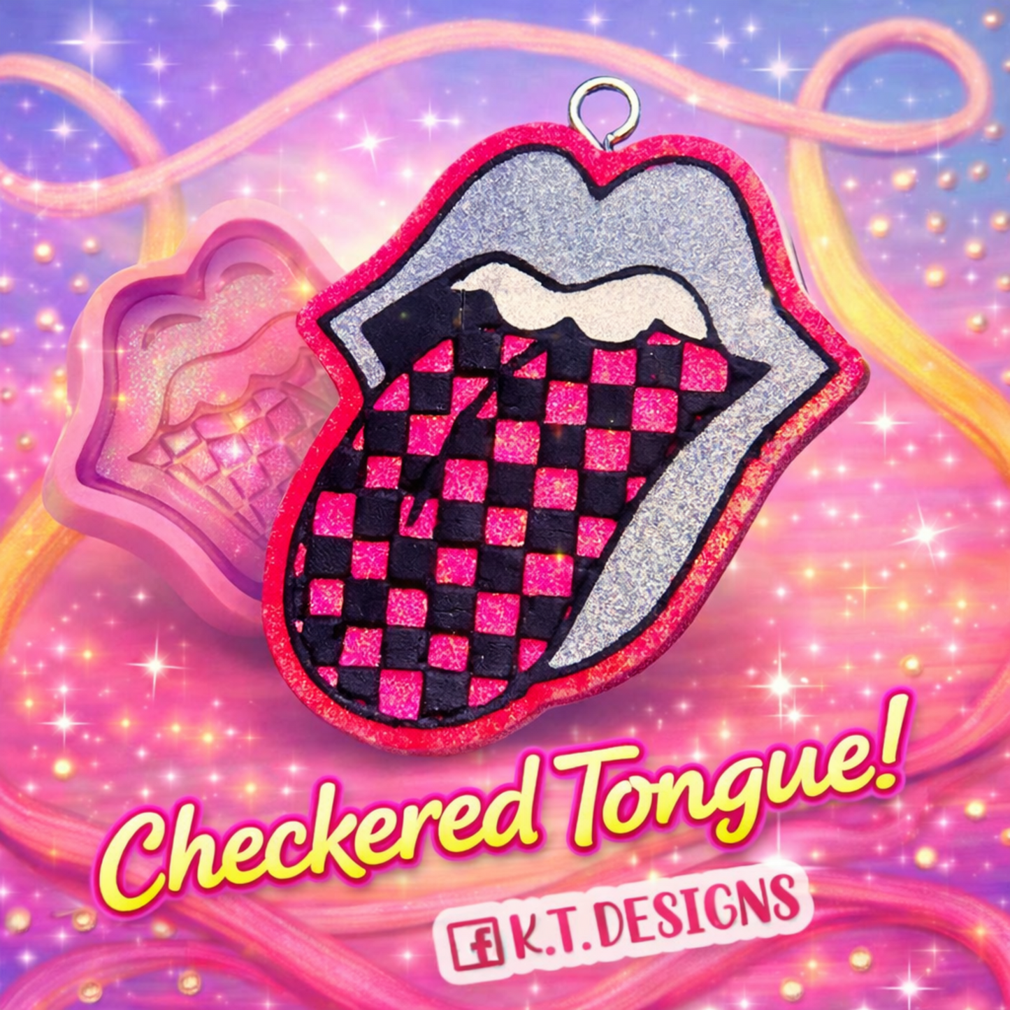 Checkered tongue design with glitter on a colorful background, featuring the brand 'K.T. DESIGNS'.