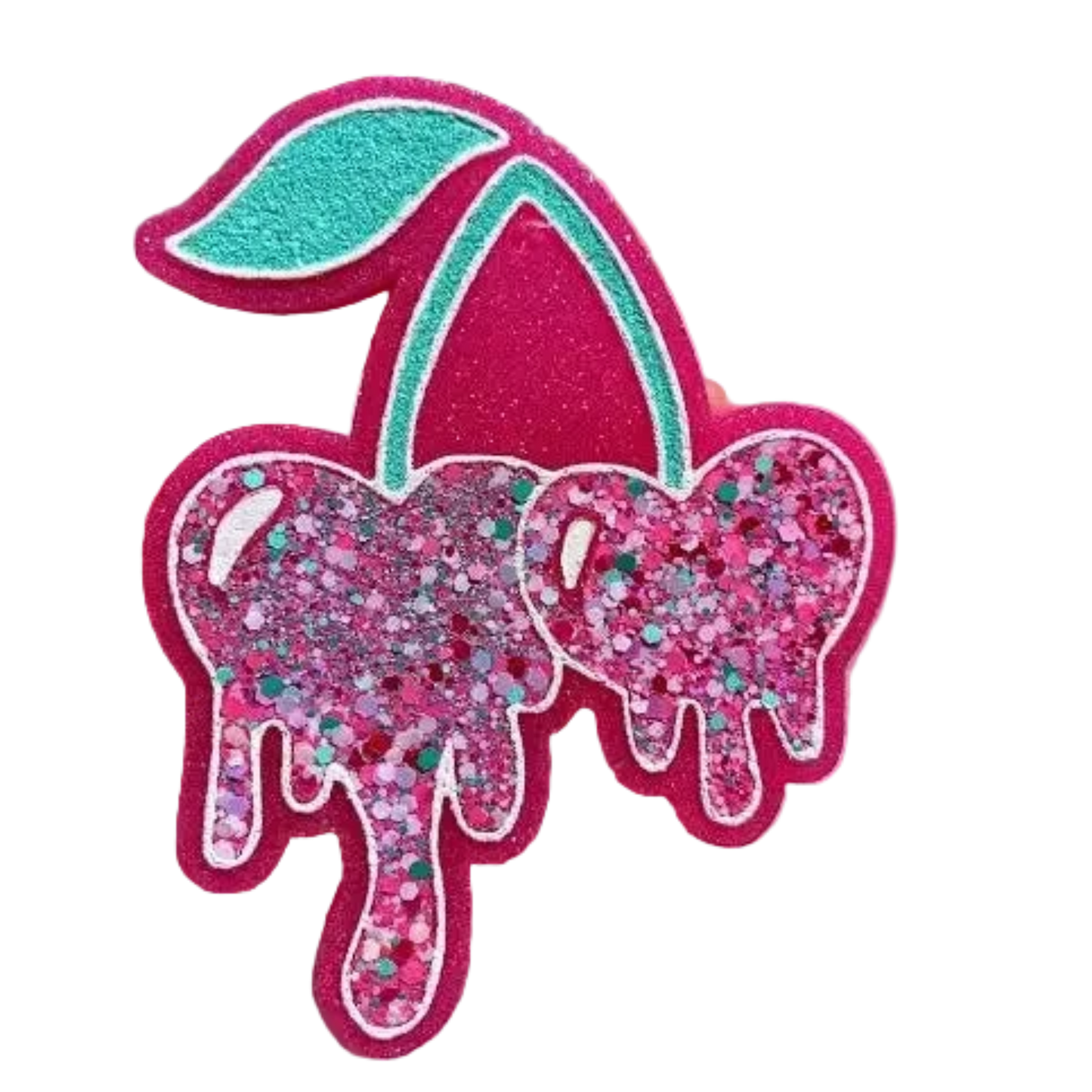 Glittery pink cherry with a green leaf on a white background