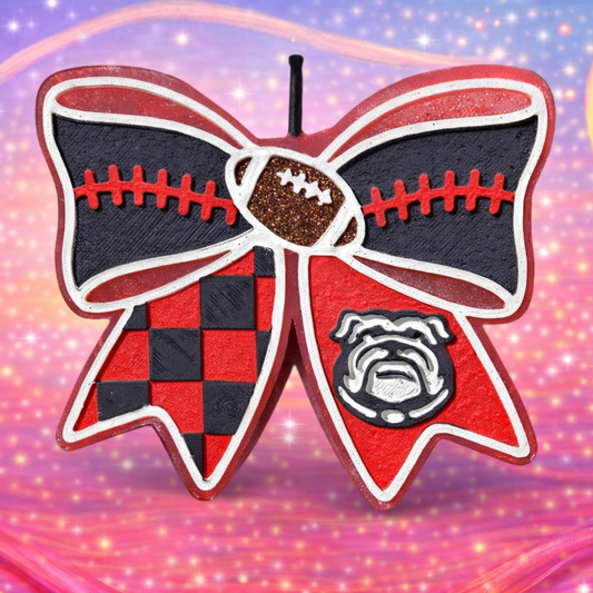 Bow-shaped car freshie with football and sports logos on a colorful background