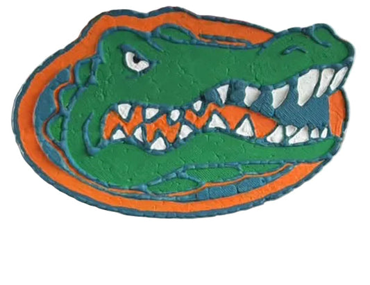 Green and orange alligator logo on a white background