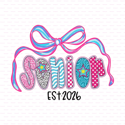 Colorful 'Senior Est. 2026' design with a bow on a white background