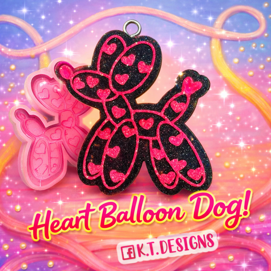 Heart balloon dog pink hearts on a colorful background, featuring K.T. DESIGNS branding.